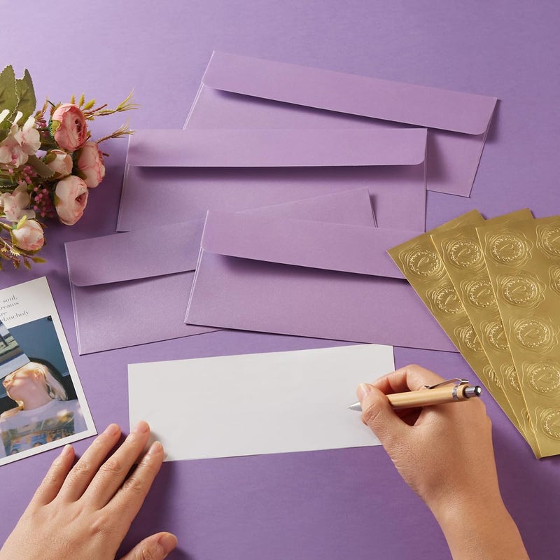 Wishop 50 Pack Shiny #10 Business Envelopes Self Seal Standard Envelopes with Gold Stickers for Office Checks, Business Cards, Letter Mailing Invoices, 4.13 x 9.49 Inches (Light Purple) - Image 4